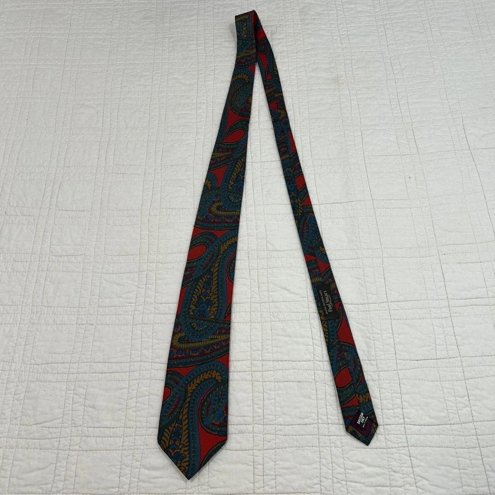 Paul Stuart Red Blue Gold Paisley Tie Made in England Mens Classic Wide 3.5